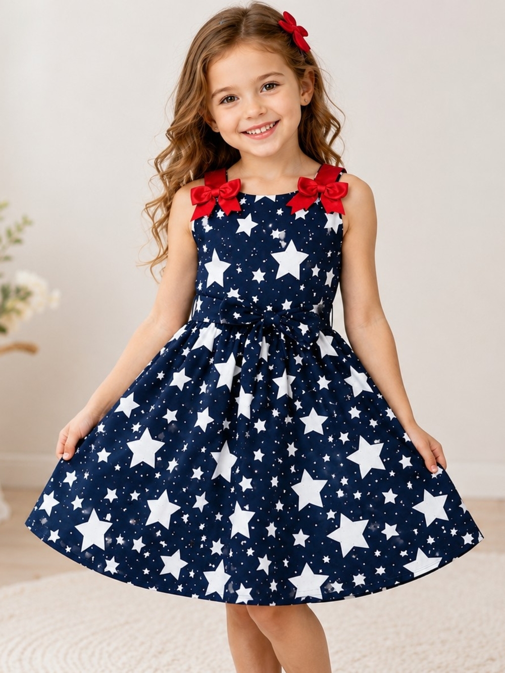 Bonnie Jean Patriotic Star Print Girls Dress Size 6 Red Bow Navy Dress #2152